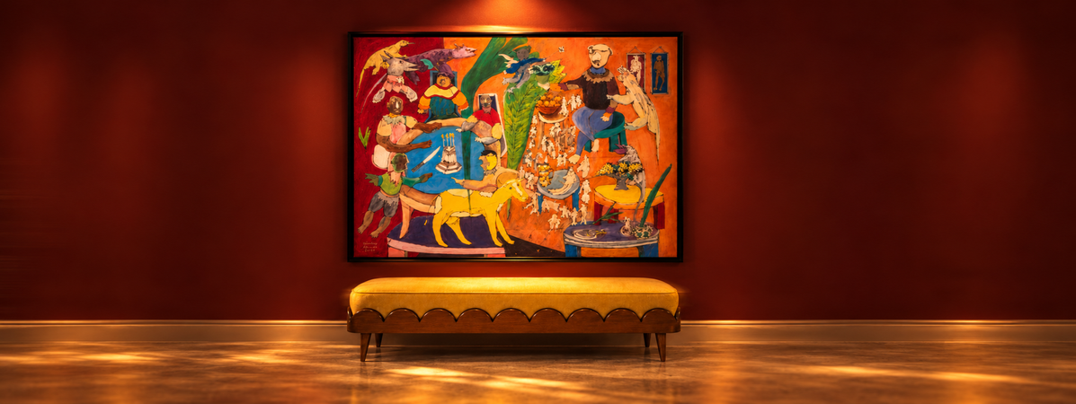 An expressive painting and a golden bench within a burgundy gallery