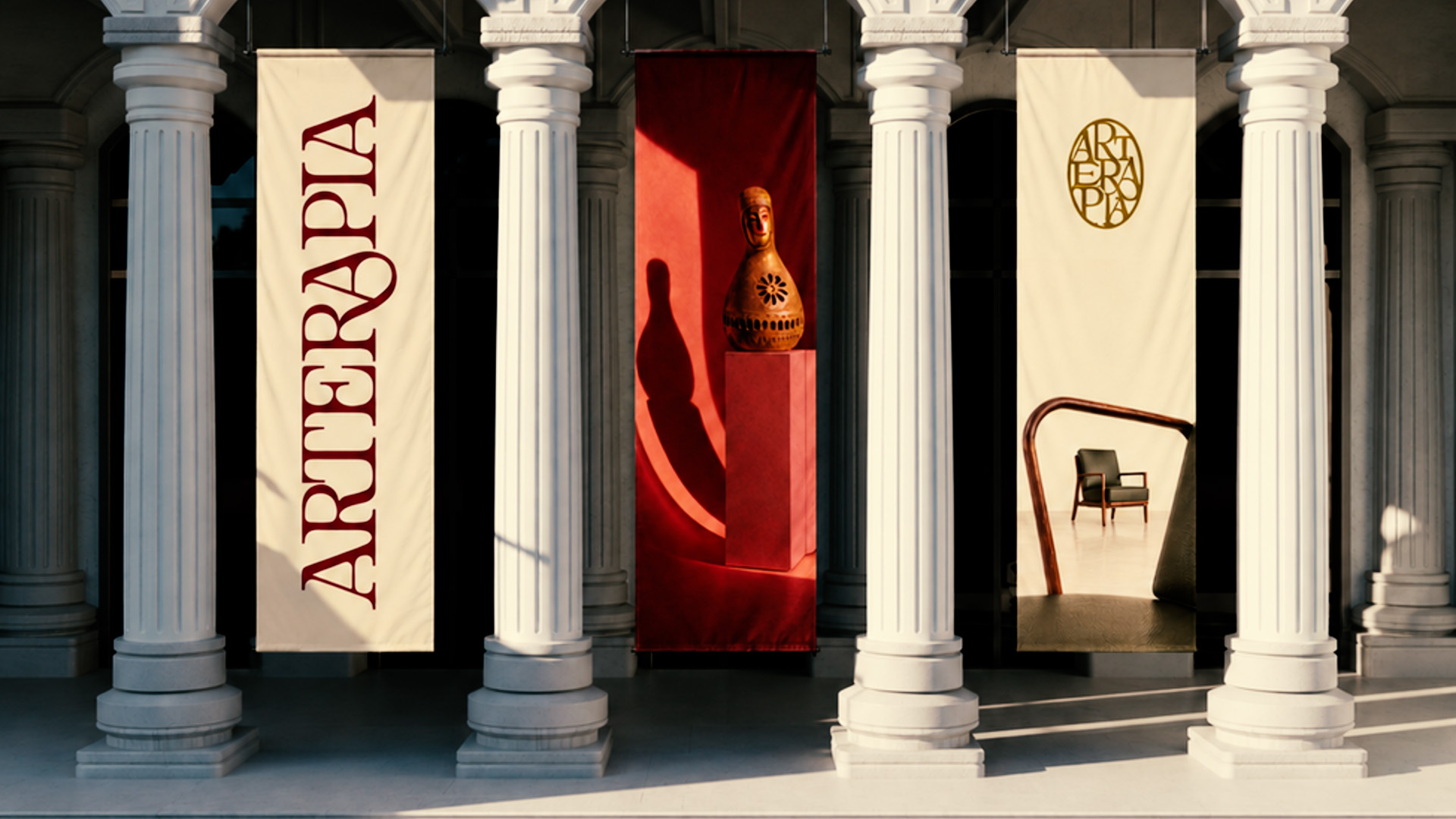 Three ARTERAPIA banners between gallery columns: custom wordmark, ceramic artwork, and emblem