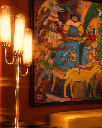 Expressive artwork in warm gallery light
