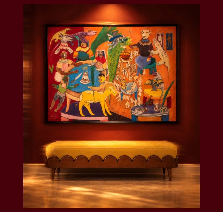 Art presented in a warmly lit gallery setting